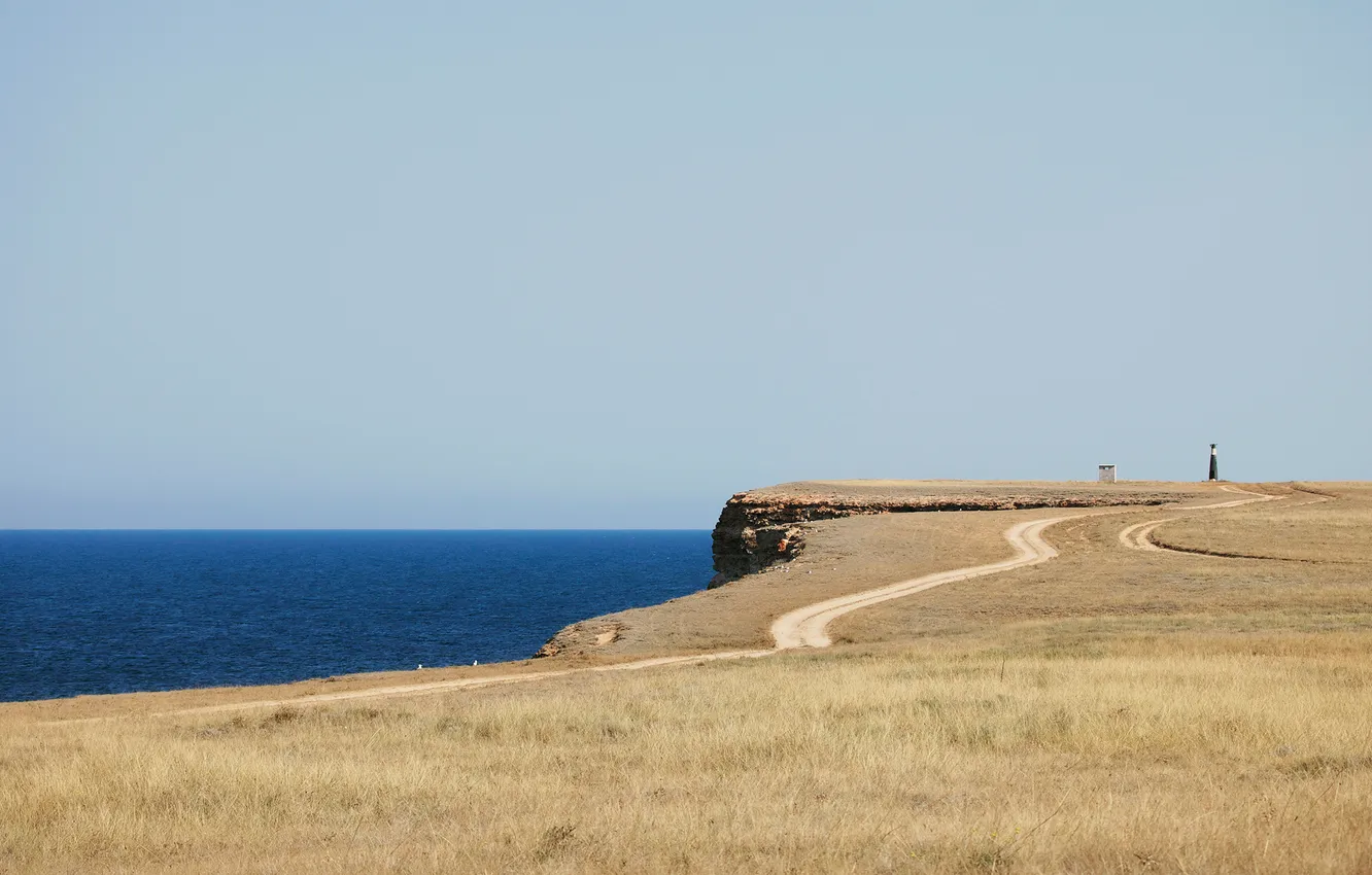 Photo wallpaper road, sea, grass, shore, lighthouse, Sunny, Dry