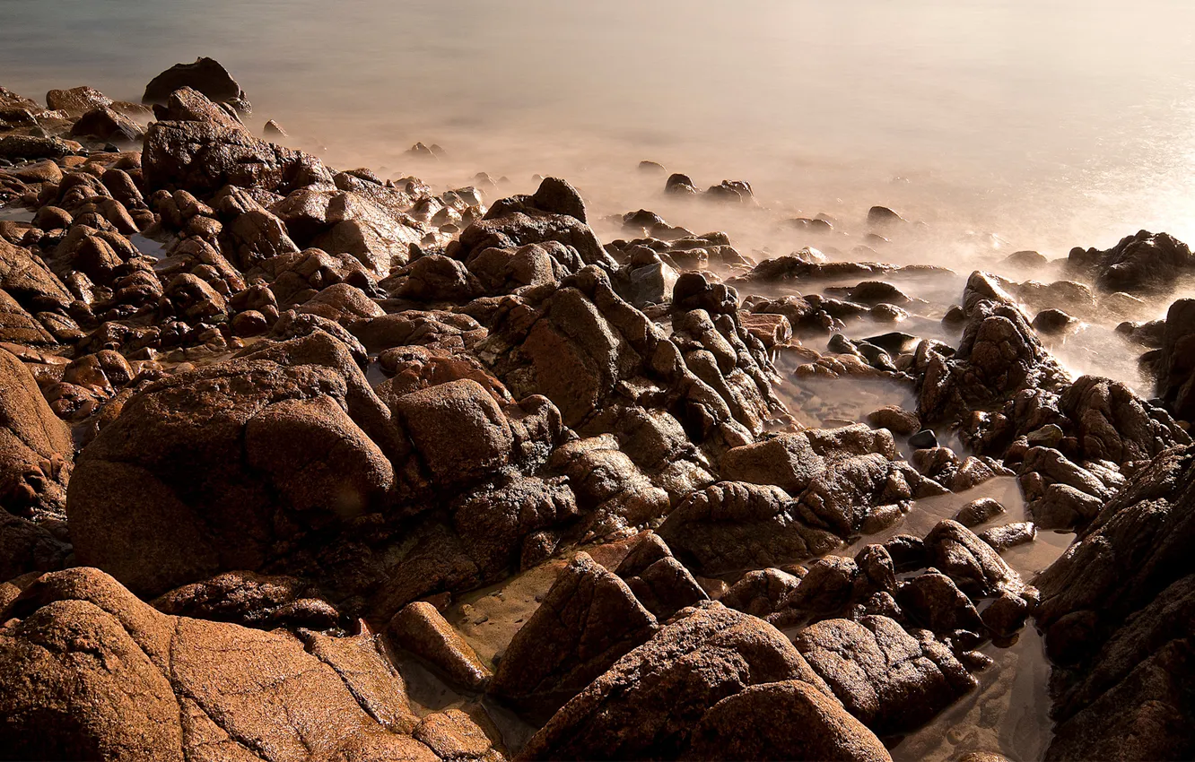Photo wallpaper water, light, nature, stones, rocks, shore, light, nature