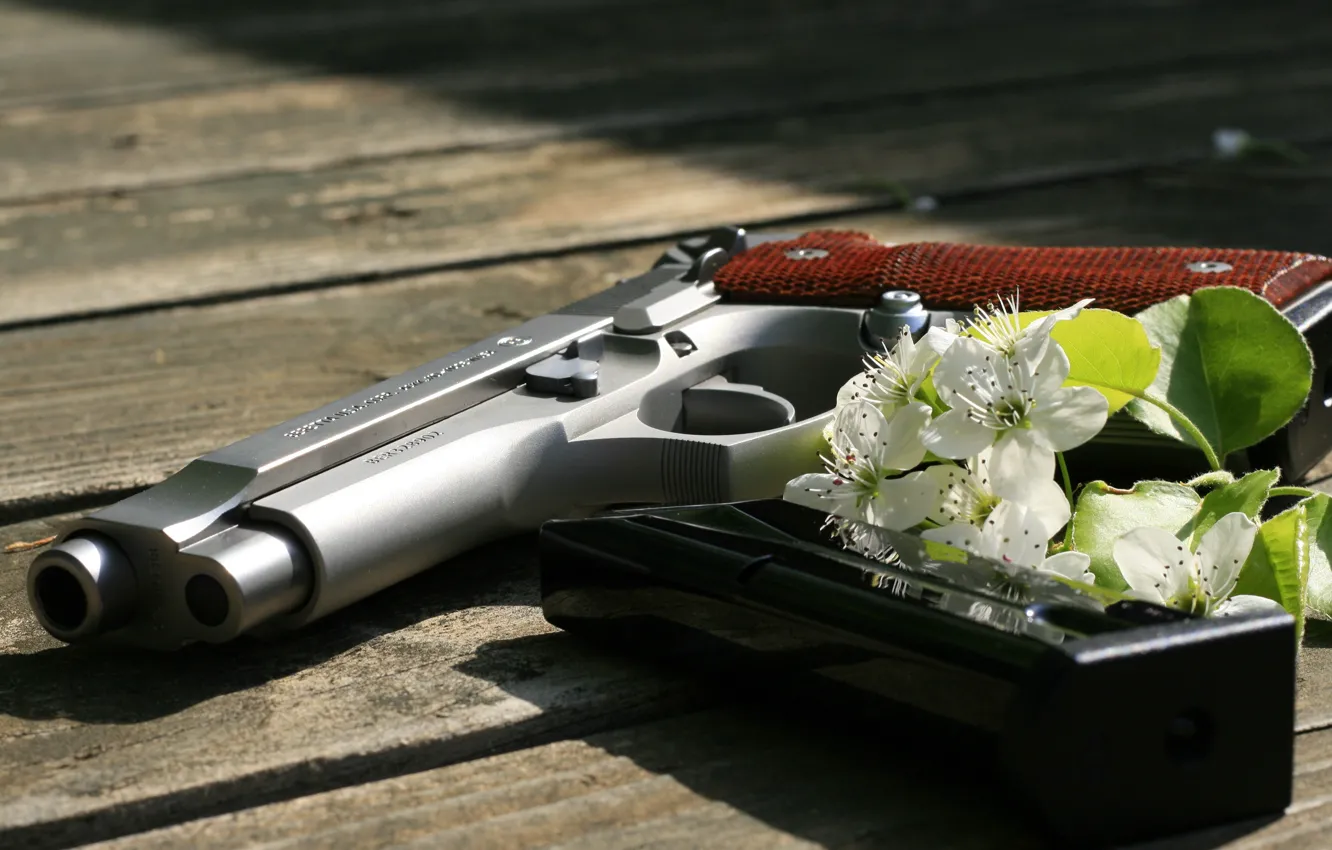 Photo wallpaper gun, weapons, Board, flowers, Beretta, self-loading