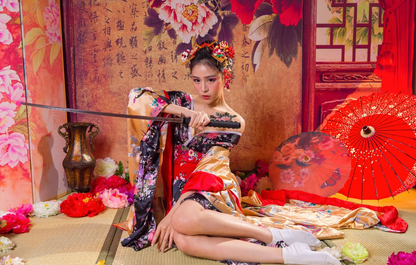 Photo wallpaper girl, flowers, pose, style, weapons, Japanese, sword, katana