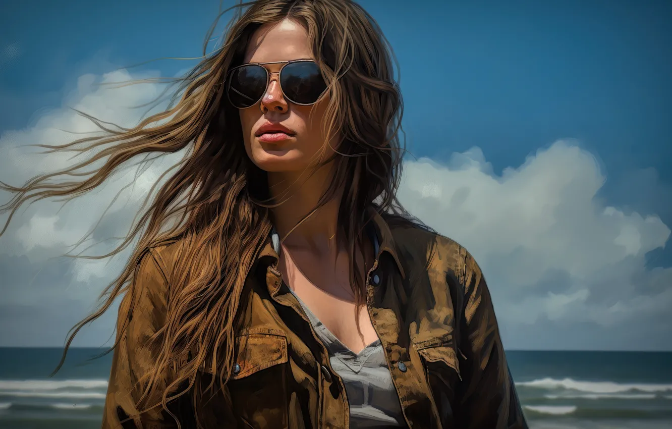Photo wallpaper sea, the sky, girl, clouds, light, blue, the wind, shore