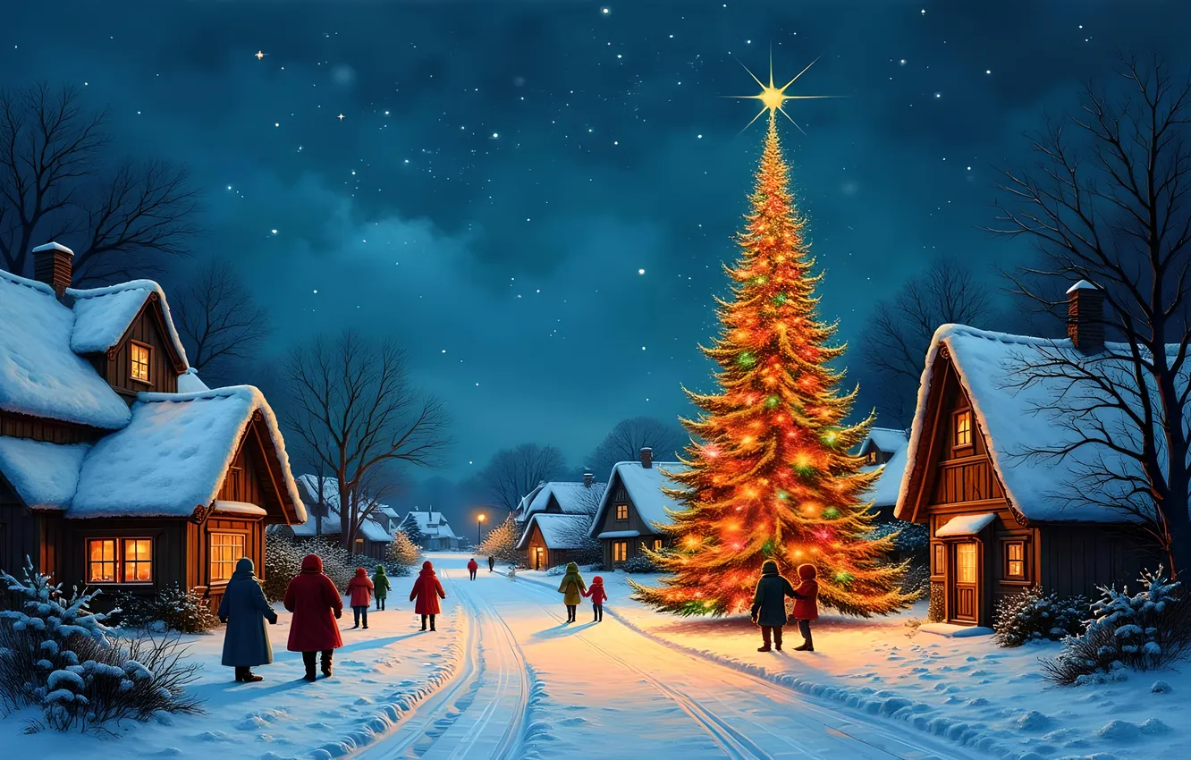 Photo wallpaper winter, road, light, snow, night, street, people, new year