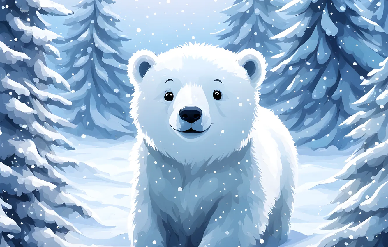 Photo wallpaper winter, forest, snow, bear, bear, polar bear, AI art, neural network