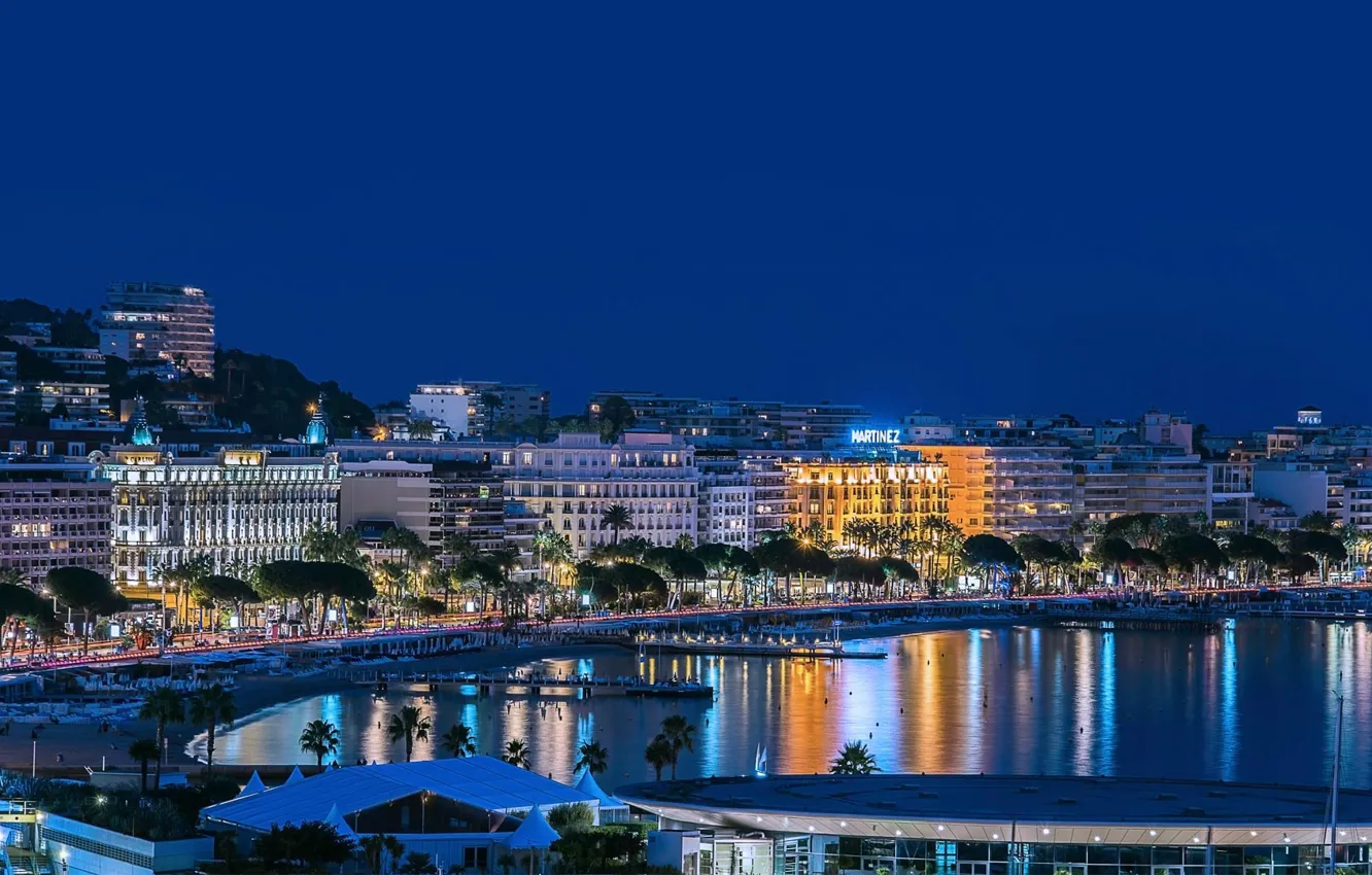 Photo wallpaper night, lights, France, promenade, Cannes