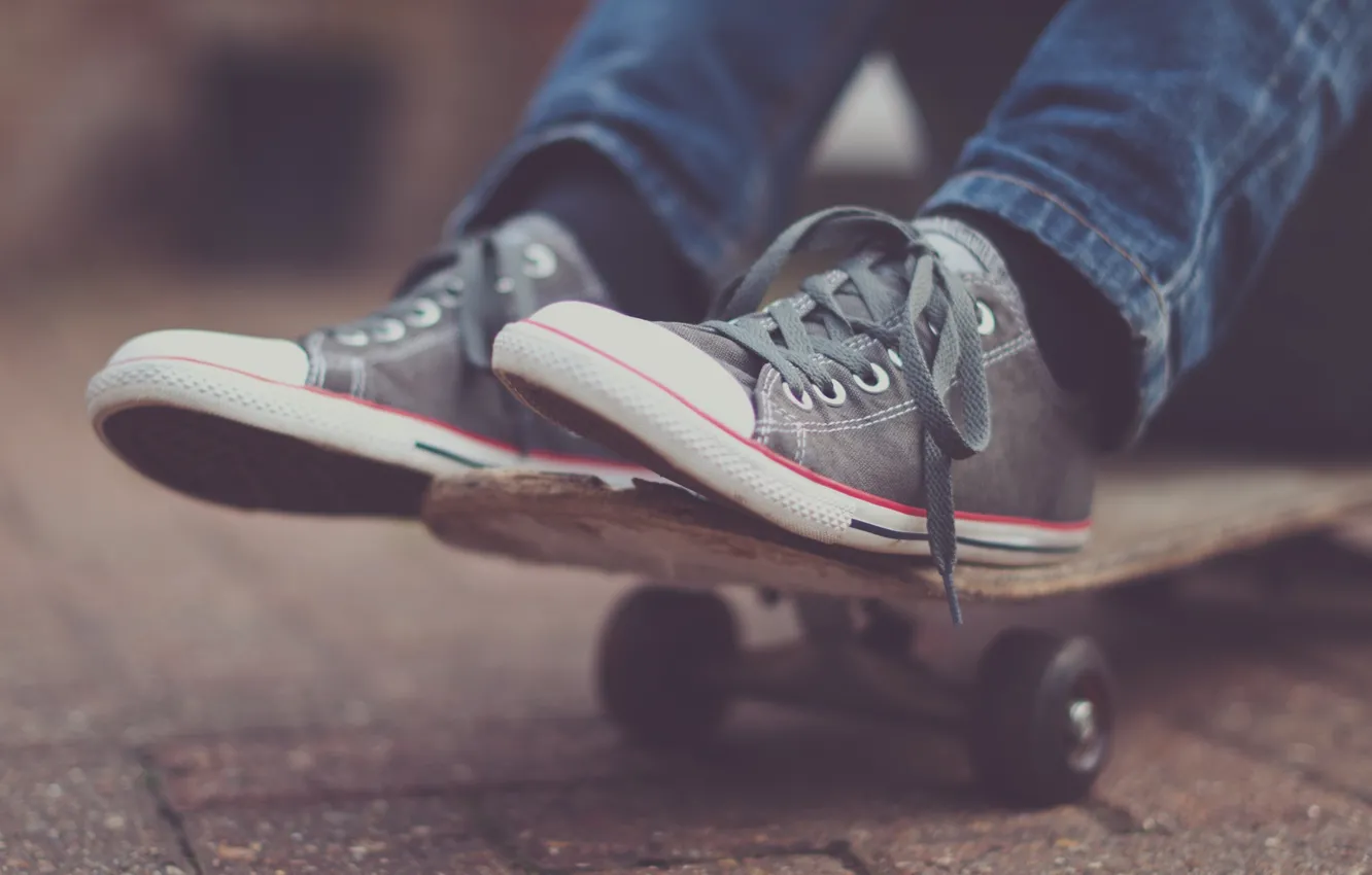 Photo wallpaper asphalt, sneakers, skateboard