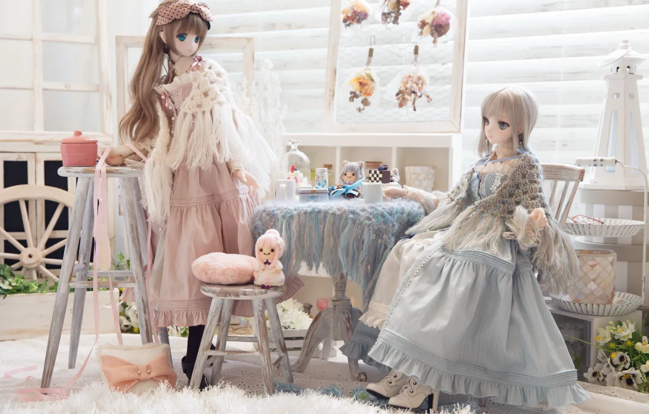 Photo wallpaper table, girls, doll, dresses