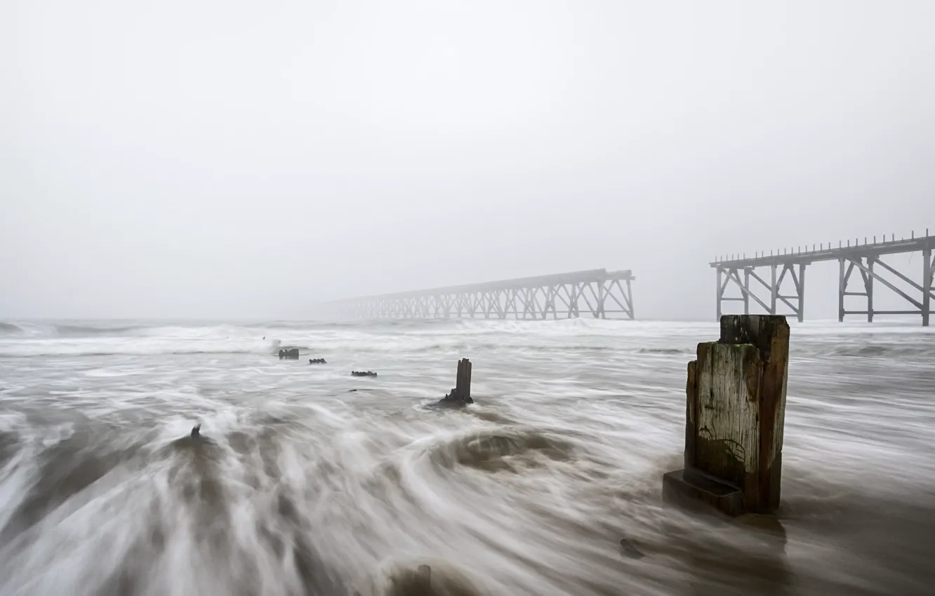 Photo wallpaper sea, bridge, fog, shore