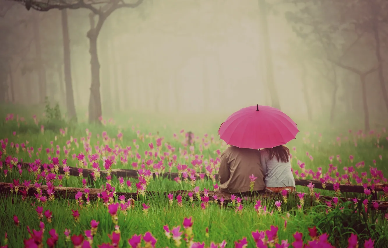 Photo wallpaper greens, grass, girl, love, flowers, nature, umbrella, background