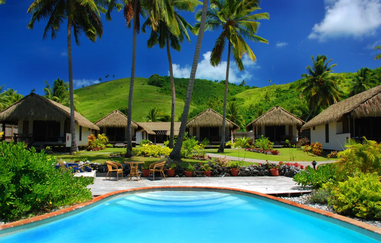 Photo wallpaper palm trees, pool, the hotel, exotic, Bungalow