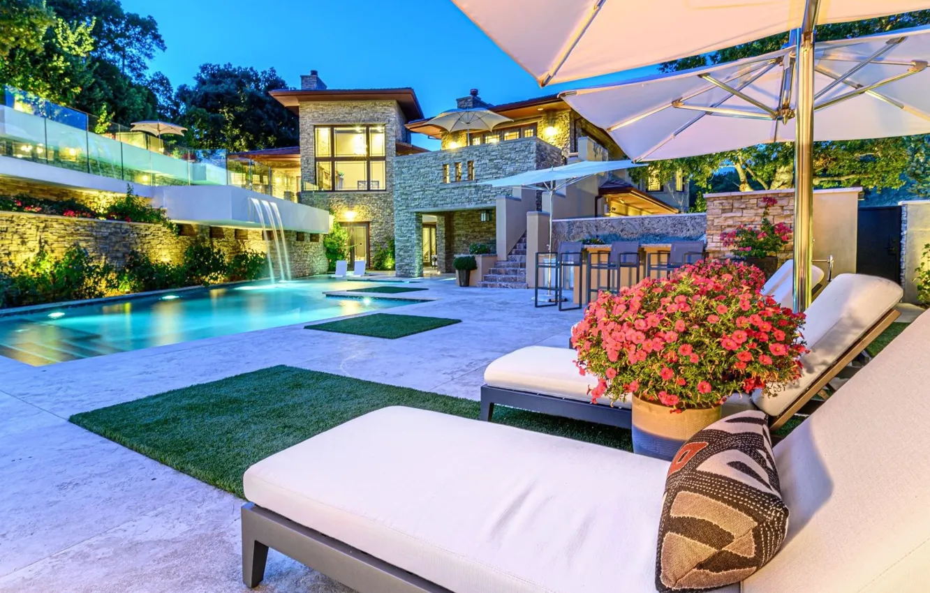 Photo wallpaper Villa, the evening, lighting, terrace, inspired by Frank Llyod Wright, Drummond & Sons, luxury pool …