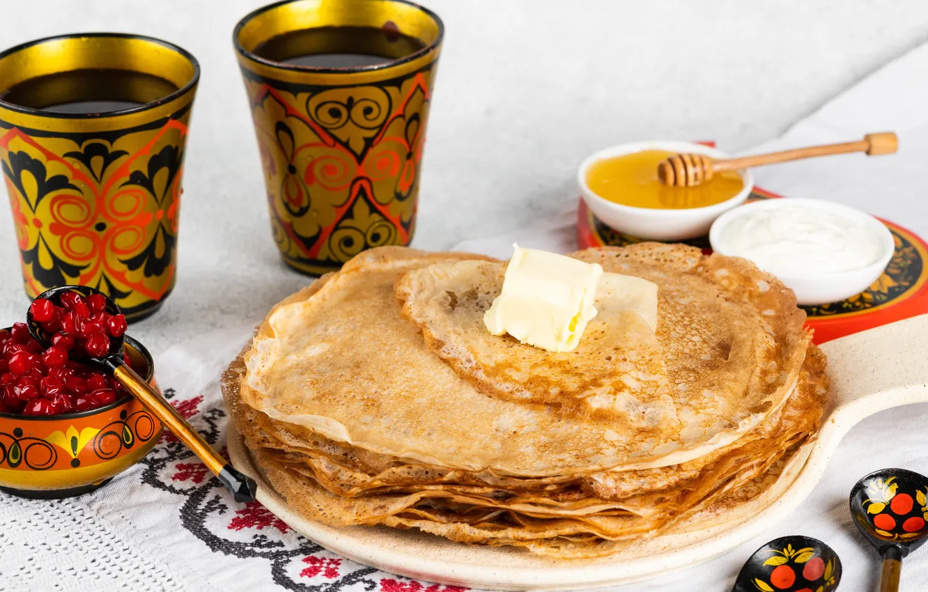 Photo wallpaper honey, food, background, russian, tea, table, pancake, traditional