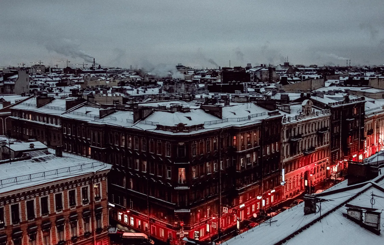 Photo wallpaper winter, snow, home, the evening, Peter, roof, Saint Petersburg, Russia