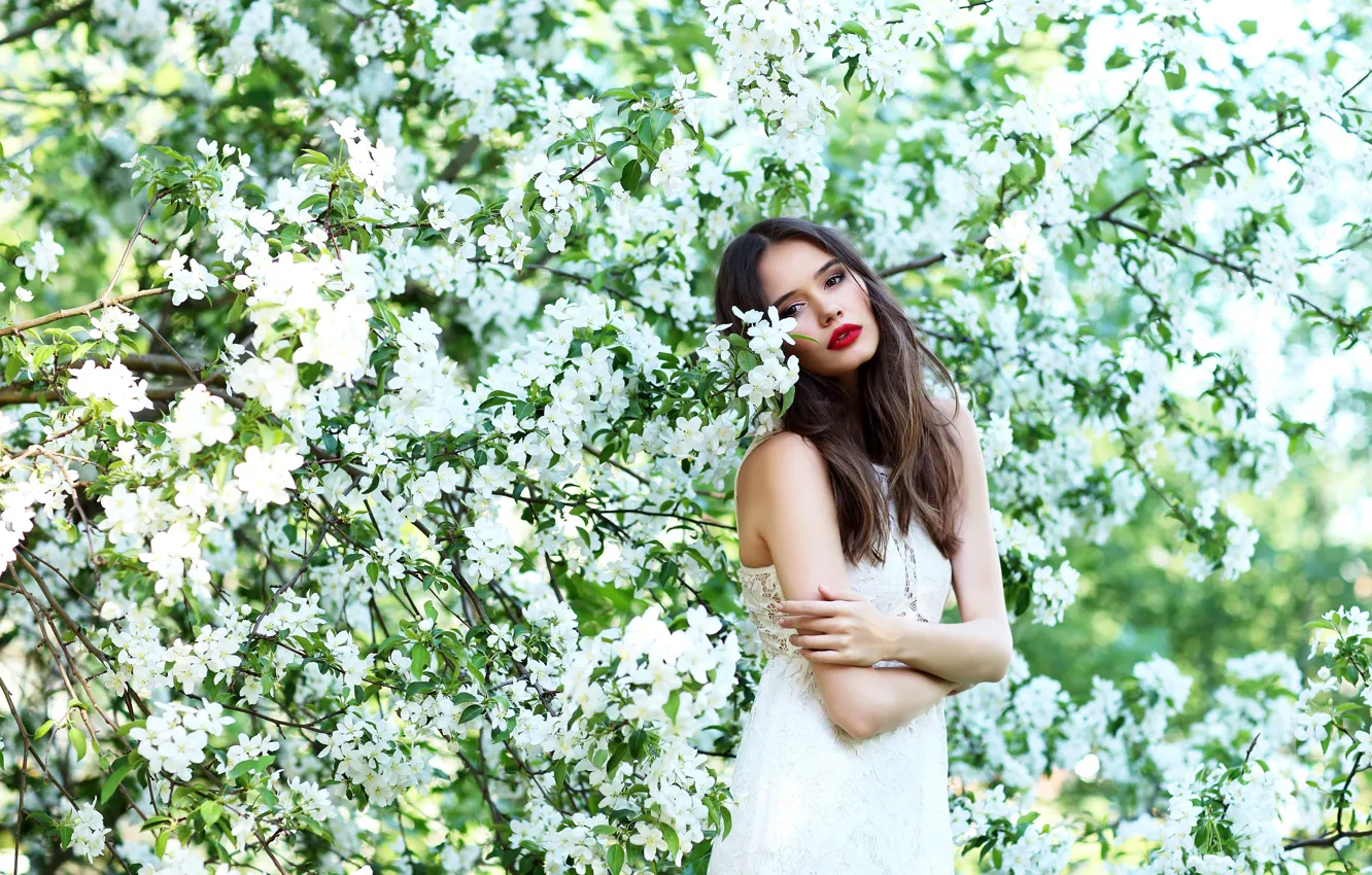 Photo wallpaper look, flowers, branches, spring, makeup, garden, dress, hairstyle