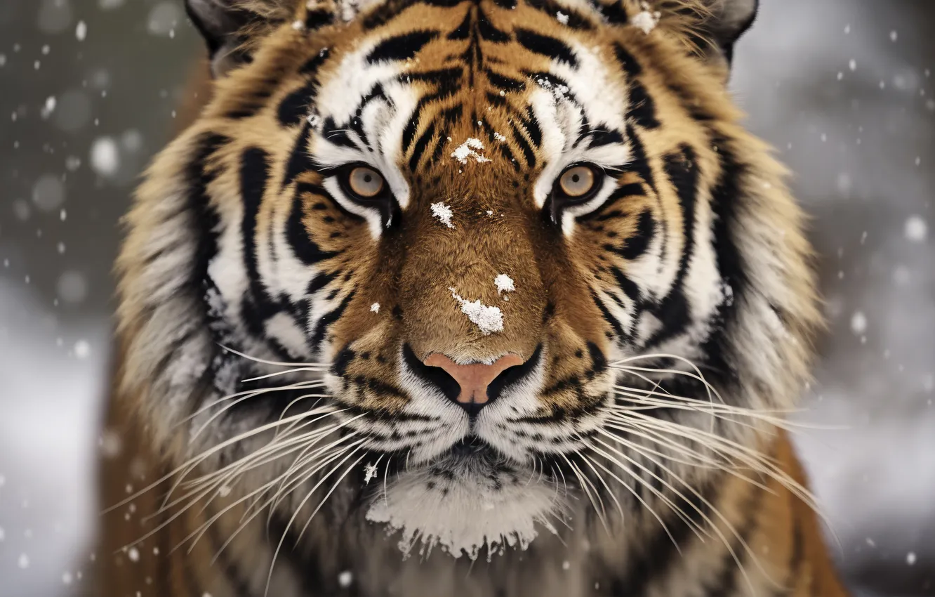 Photo wallpaper winter, look, face, snow, tiger, predator, front, big cat