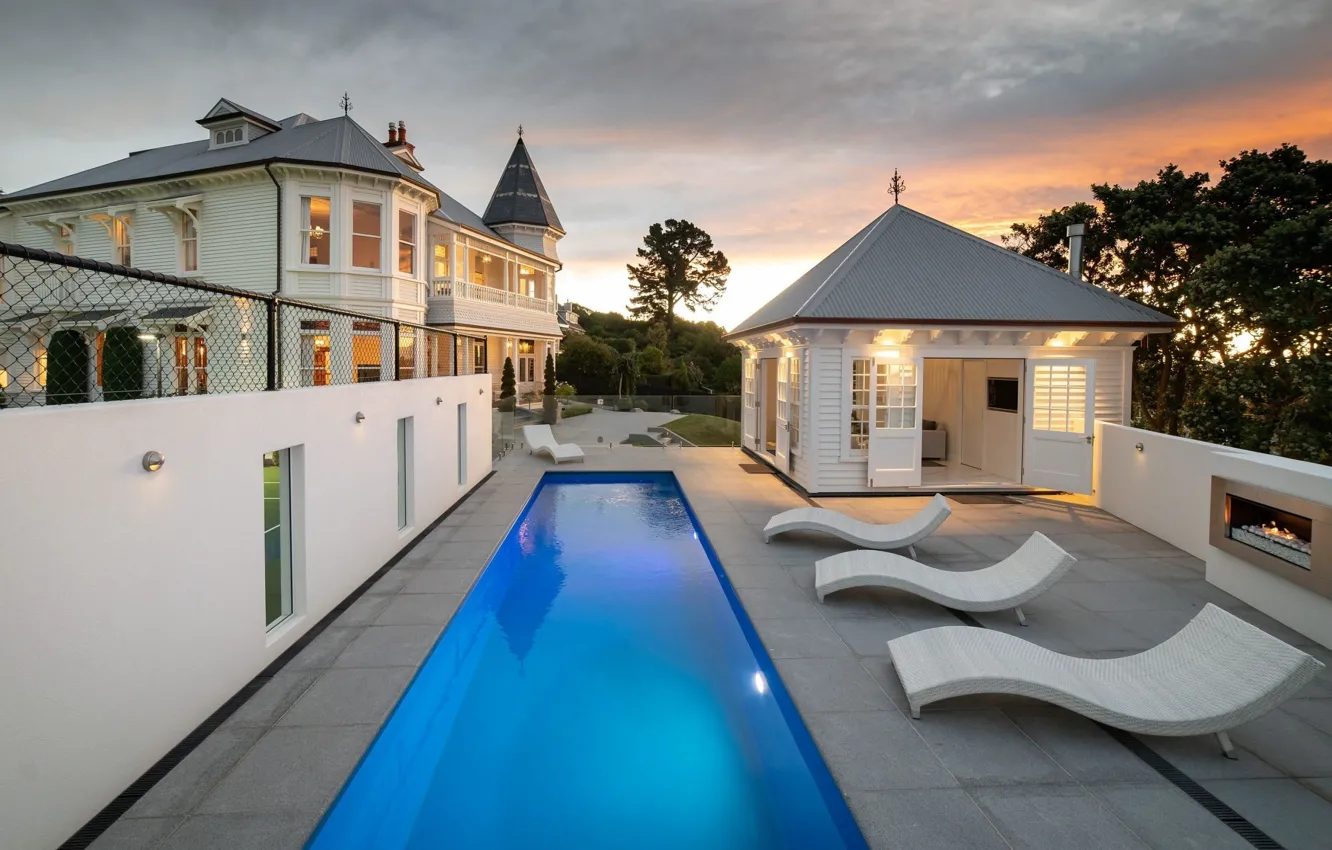 Photo wallpaper design, Villa, the evening, pool, lighting, architecture, hearth, terrace