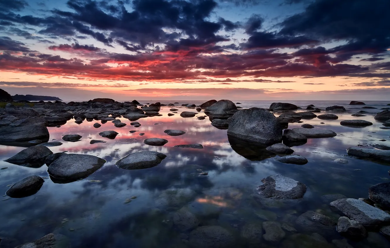 Photo wallpaper sea, the sky, clouds, sunset, reflection, stones, Germany, Germany