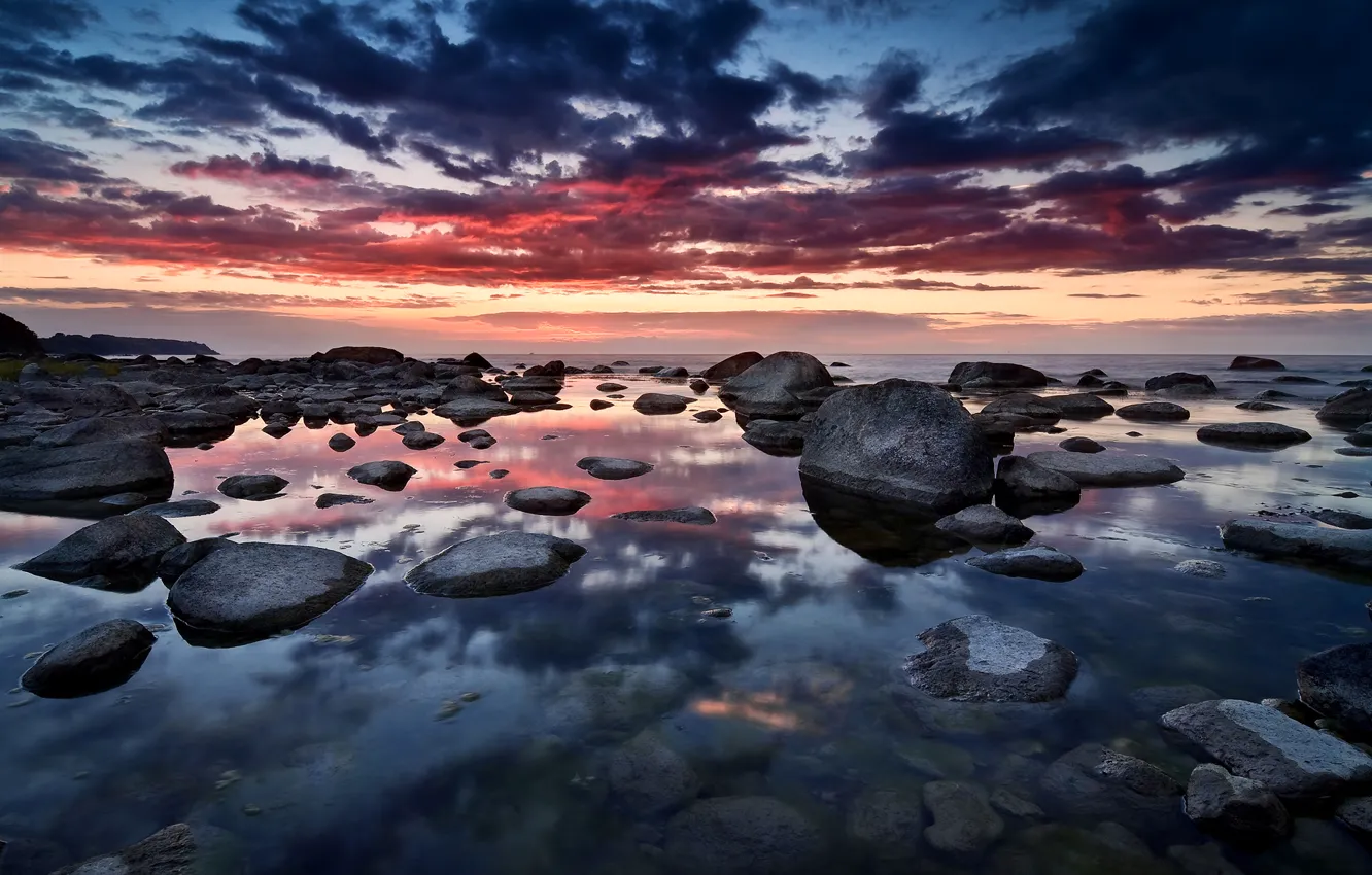 Photo wallpaper sea, the sky, clouds, sunset, reflection, stones, Germany, germany