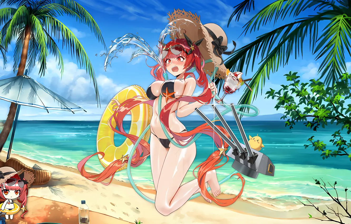 Photo wallpaper girl, summer, sexy, cleavage, beach, sky, long hair, sea