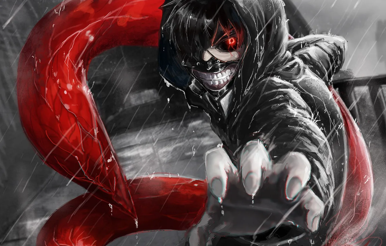 Photo wallpaper look, rain, guy, gesture, art, monochrome, tokyo ghoul, Ken kanek