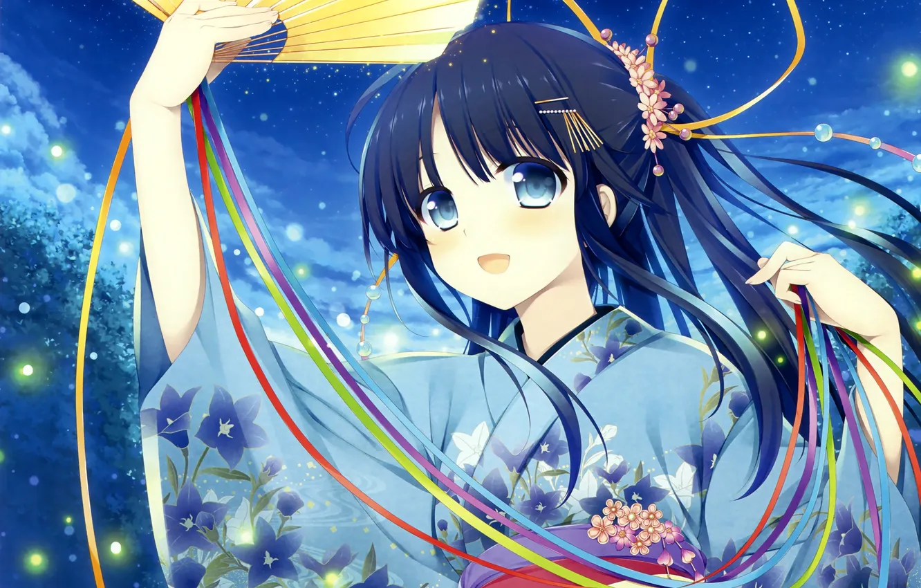 Photo wallpaper girl, trees, night, anime, fan, art, tape, kimono
