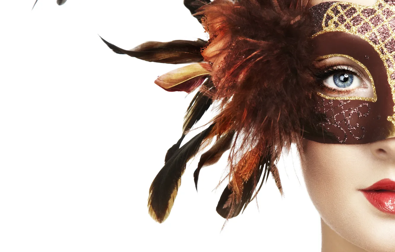 Photo wallpaper eyes, look, girl, background, feathers, makeup, lipstick, mask