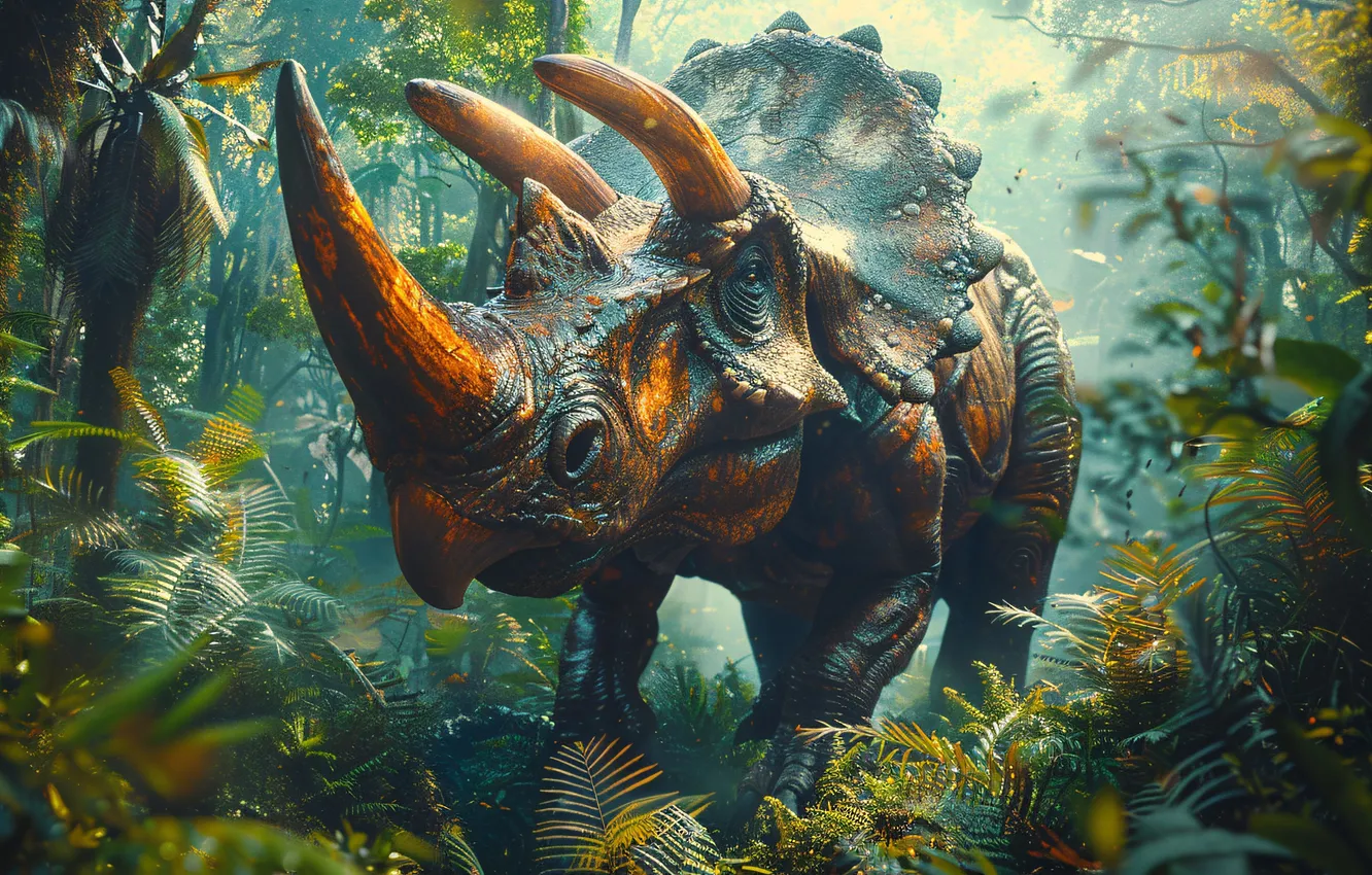 Photo wallpaper face, trees, animal, dinosaur, horns, Triceratops, digital art, Triceratops