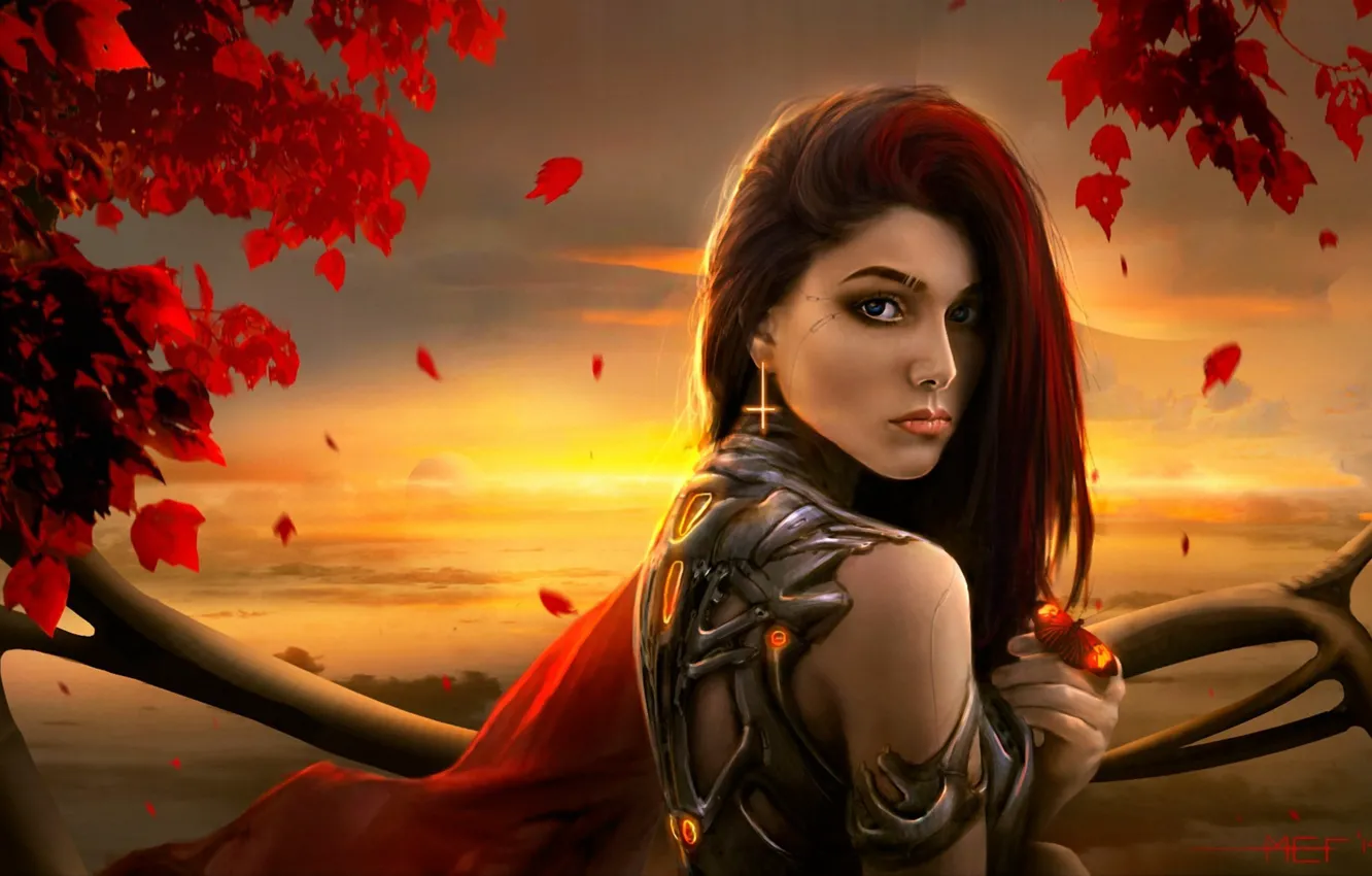 Photo wallpaper leaves, girl, trees, butterfly