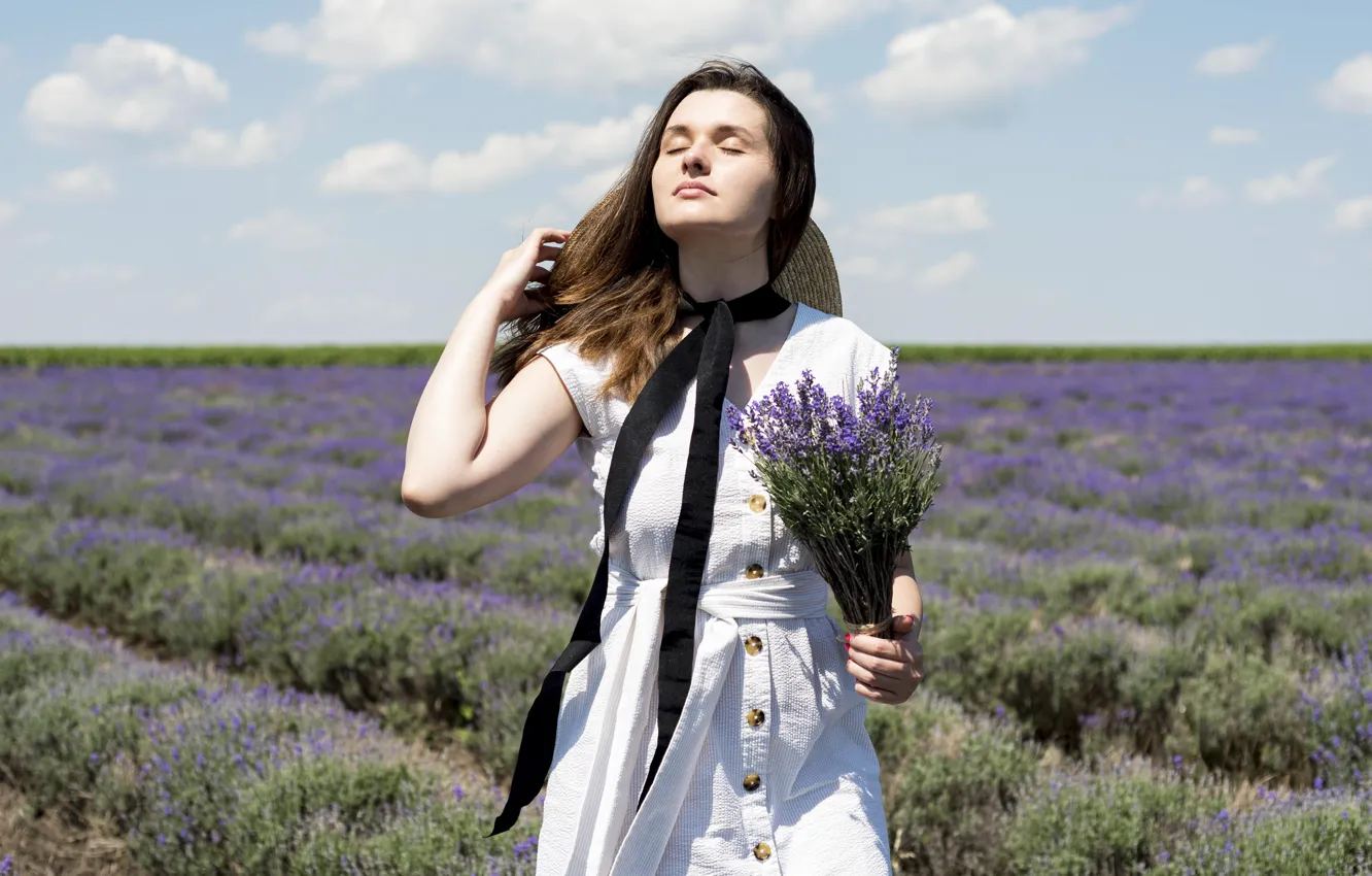 Photo wallpaper girl, flowers, lavender, lavender field
