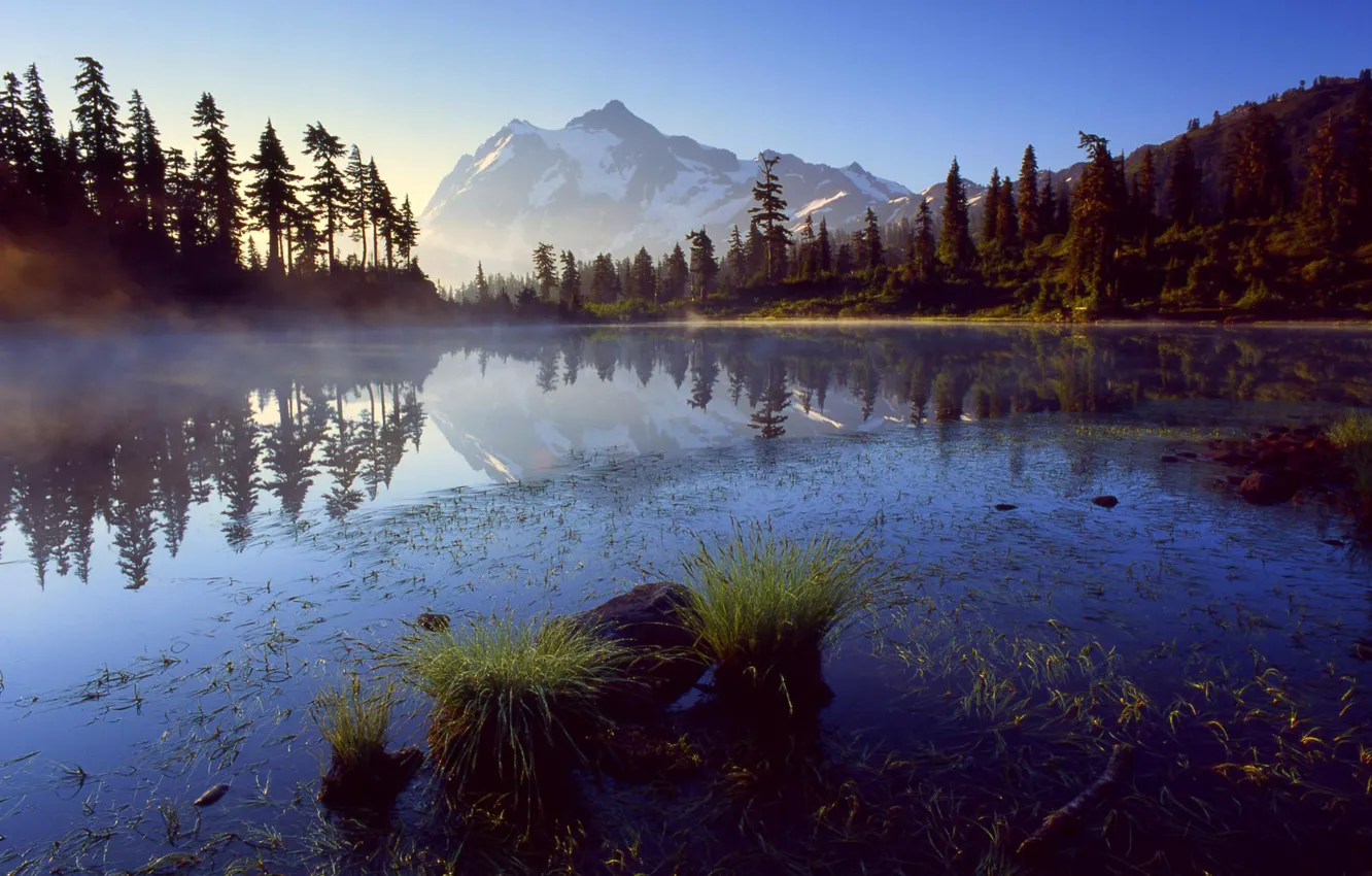 Photo wallpaper mountains, fog, lake, ate