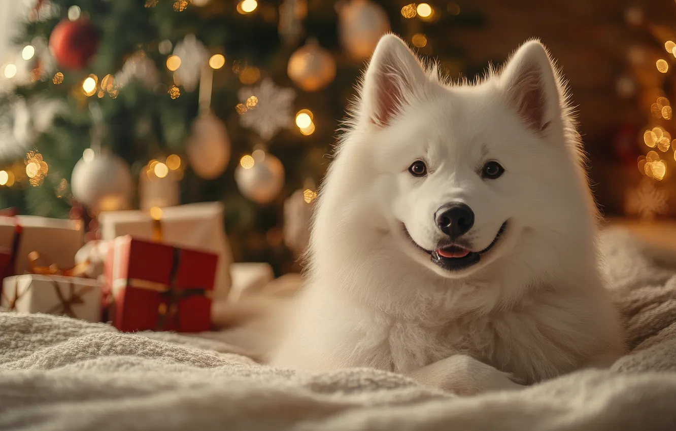 Photo wallpaper white, look, lights, gift, new year, dog, Christmas, lies