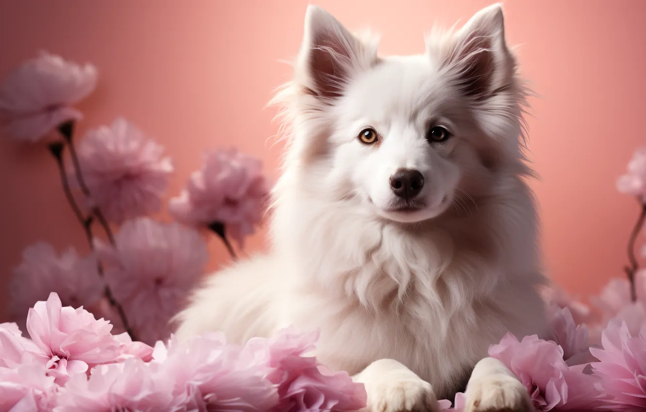 Photo wallpaper flowers, dog, AI art, neural network