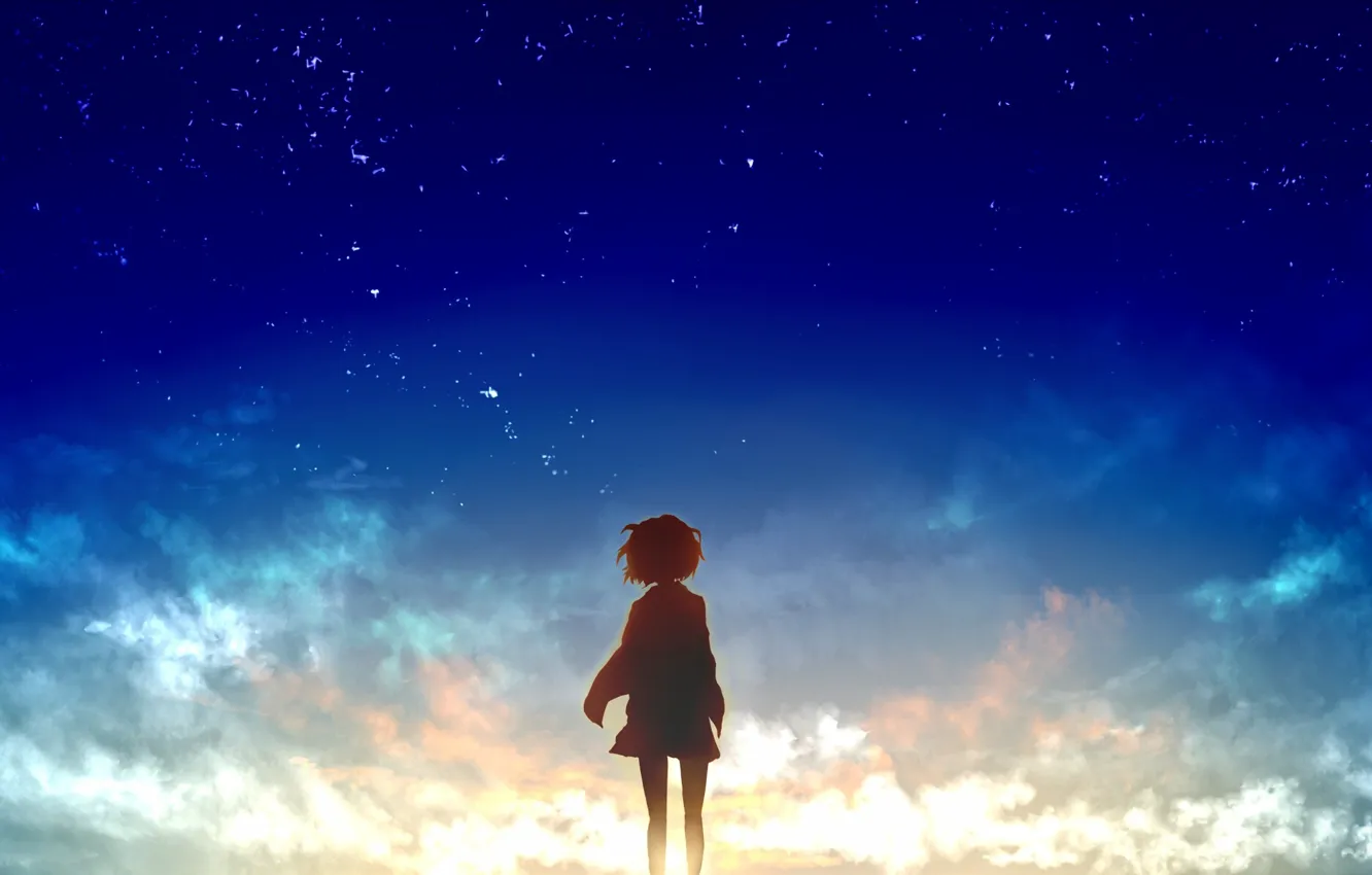 Photo wallpaper the sky, girl, the sun, stars, clouds, sunset, anime, art