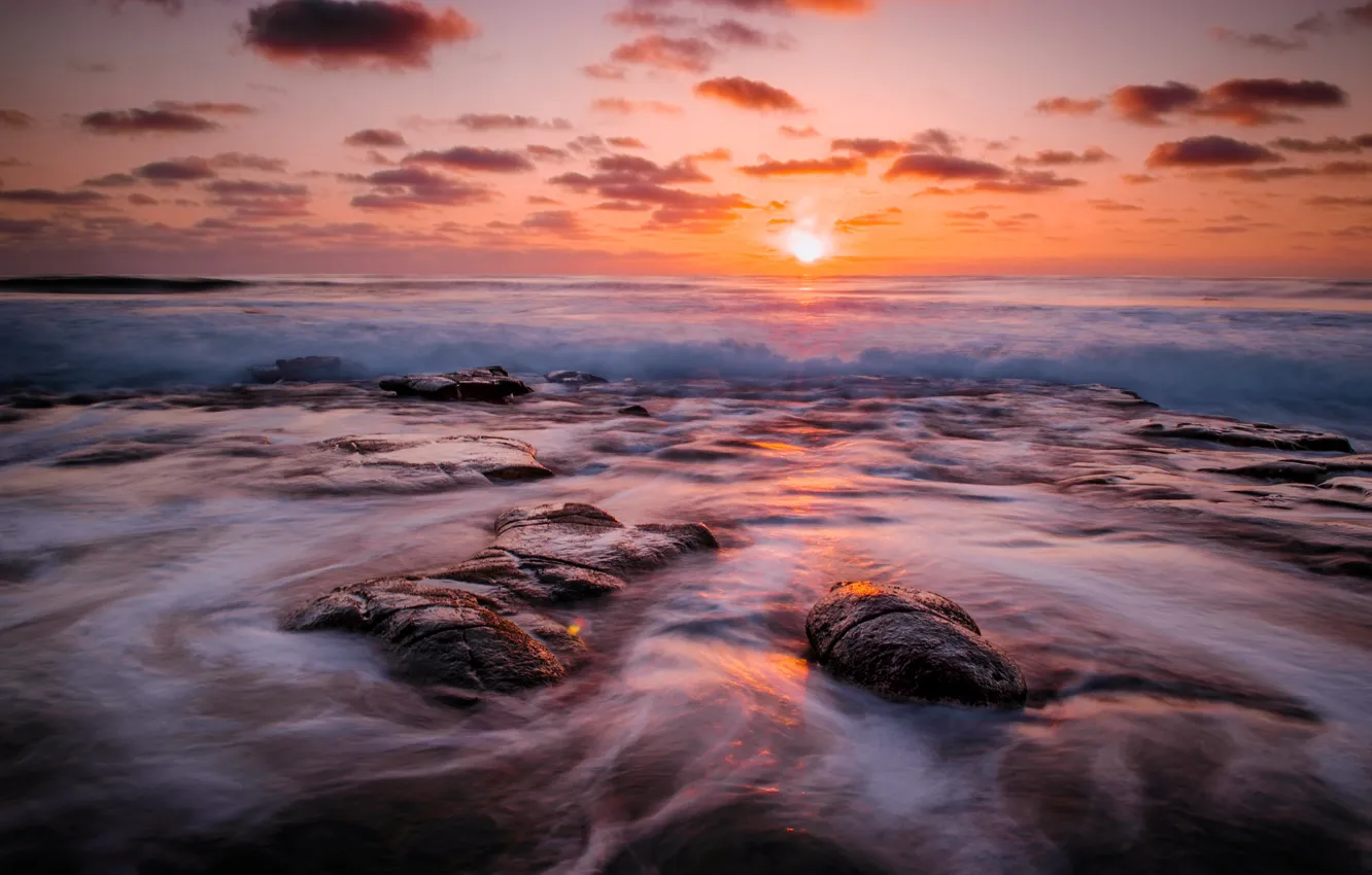 Photo wallpaper sea, wave, beach, the sun, dawn, reefs
