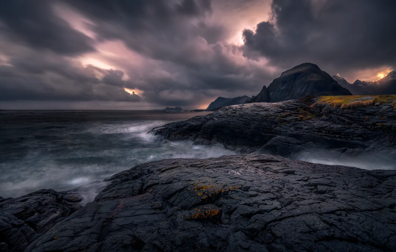 Photo wallpaper sea, clouds, stones, overcast, rocks, rocky shore, frowning, gloomy sky