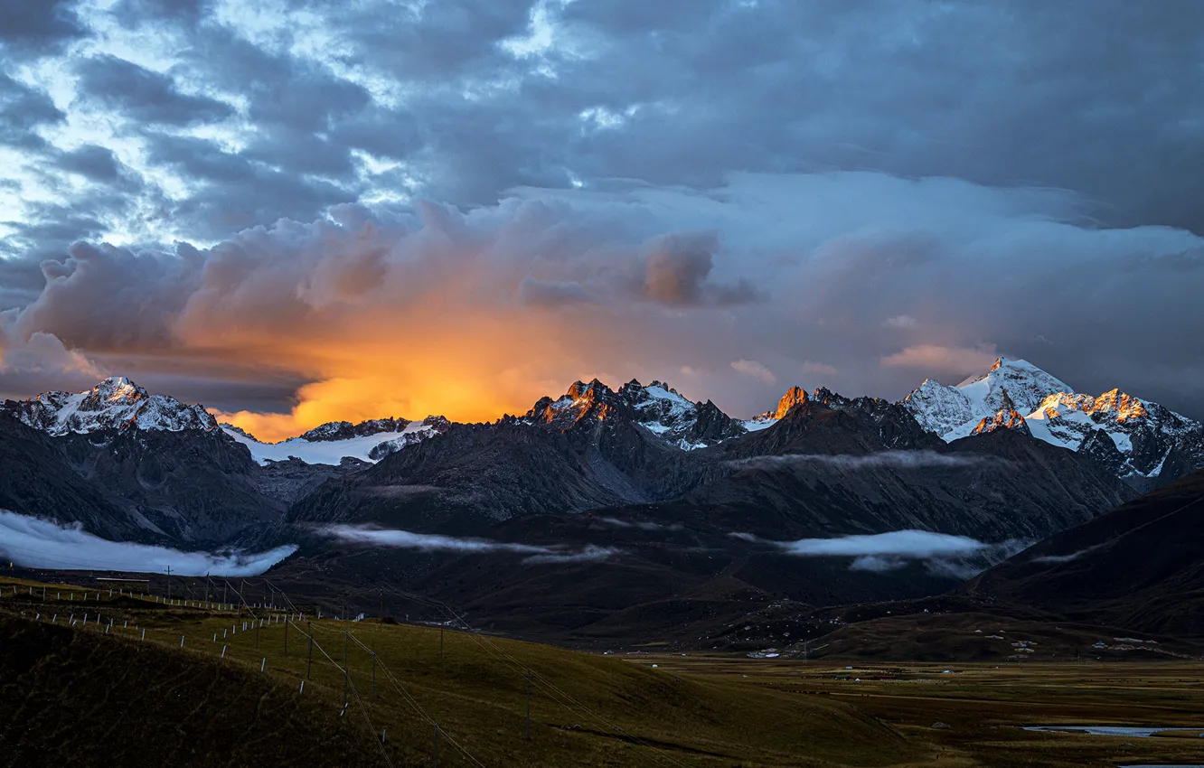 Photo wallpaper twilight, river, sky, landscape, nature, sunset, clouds, snow