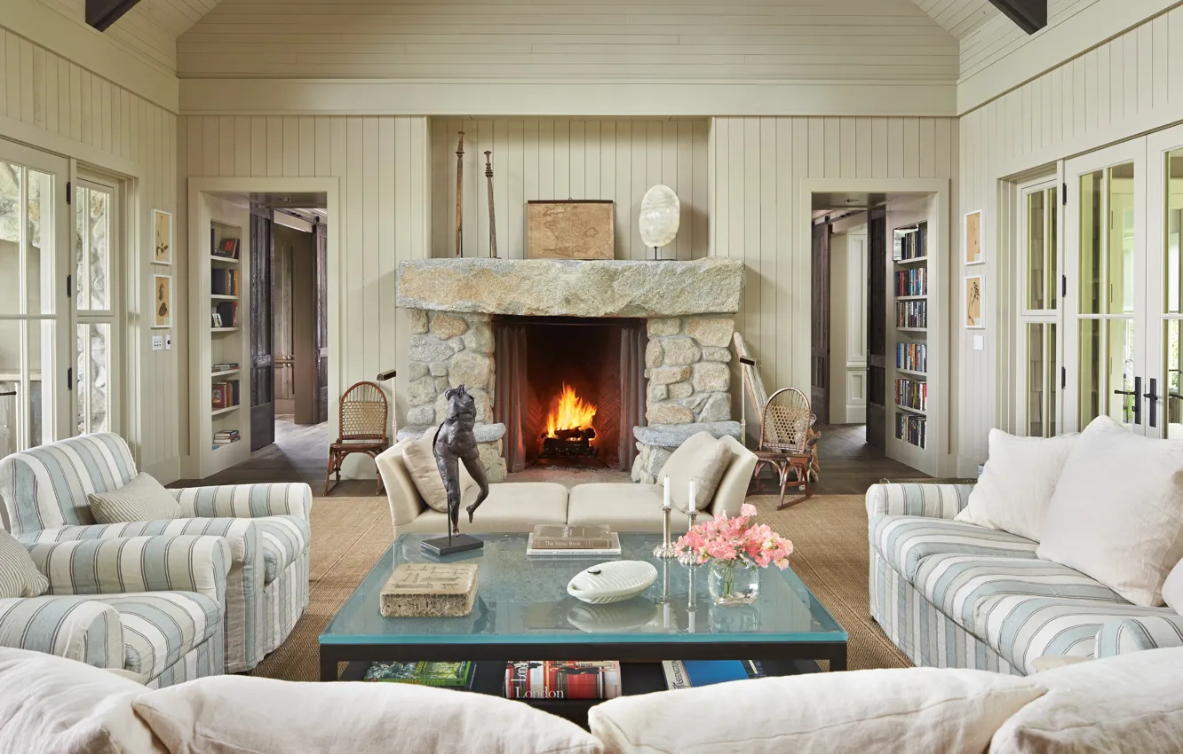 Photo wallpaper interior, fireplace, Washington, living room, Mutiny Bay Home, Whidbey island house, by Hoedemaker Pfeiffer