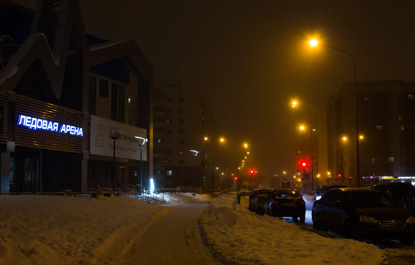 Photo wallpaper winter, machine, snow, night, the city, fog, building, home