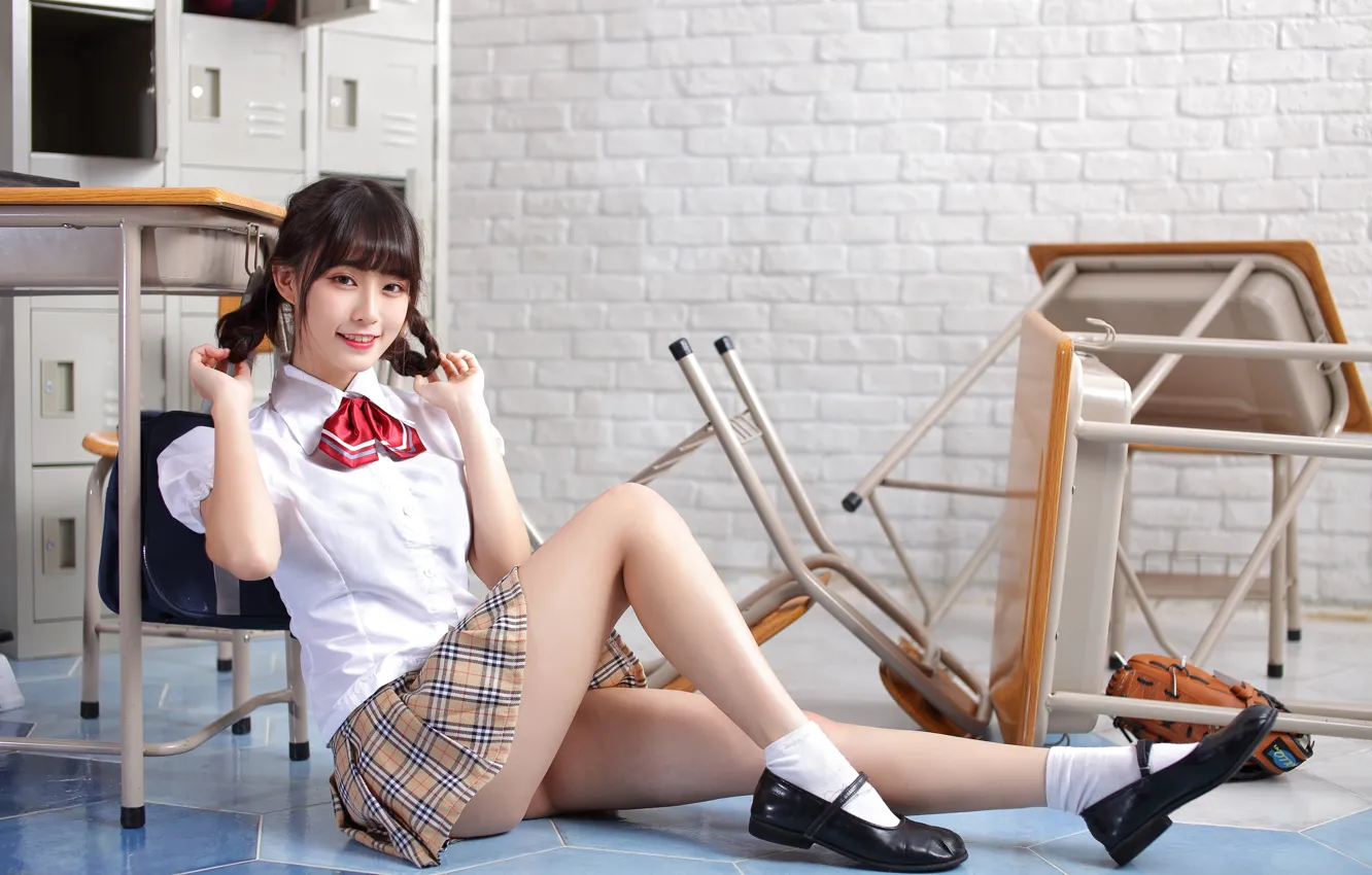 Photo wallpaper look, smile, skirt, blouse, schoolgirl, legs