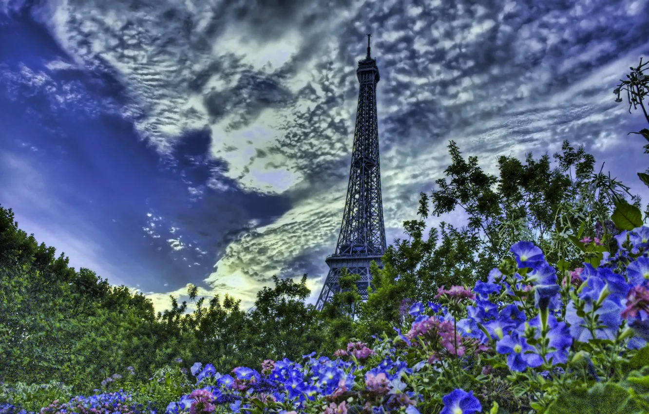 Photo wallpaper greens, the sky, the city, blue, Wallpaper, France, Paris, Eiffel Tower