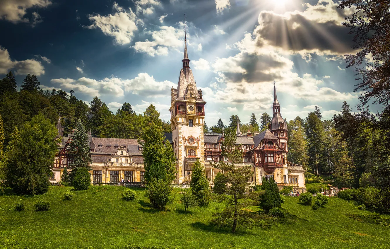 Photo wallpaper clouds, castle, Carpathians, Romania, Peles Castle