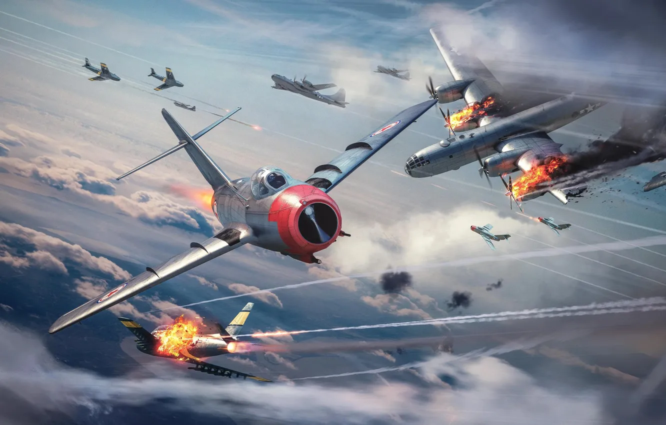 Photo wallpaper the sky, lights, war, fighter, flame, USA, bomber, the plane