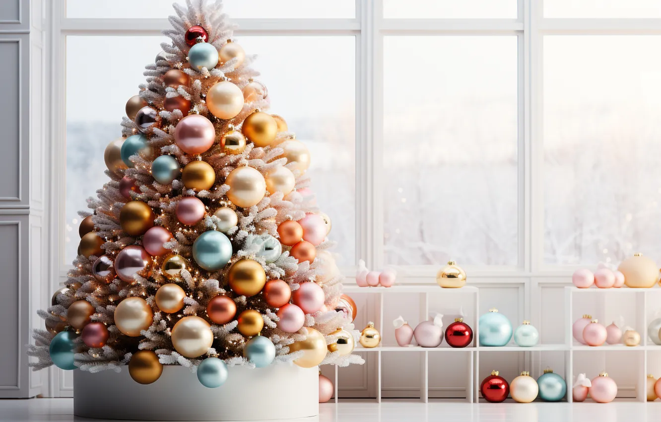 Photo wallpaper decoration, room, gift, balls, tree, new year, interior, Christmas