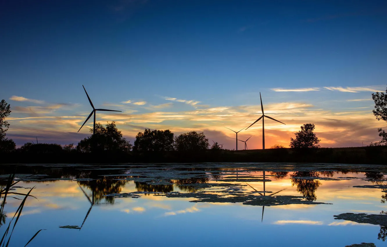 Photo wallpaper windmills, the evening, river, sunset