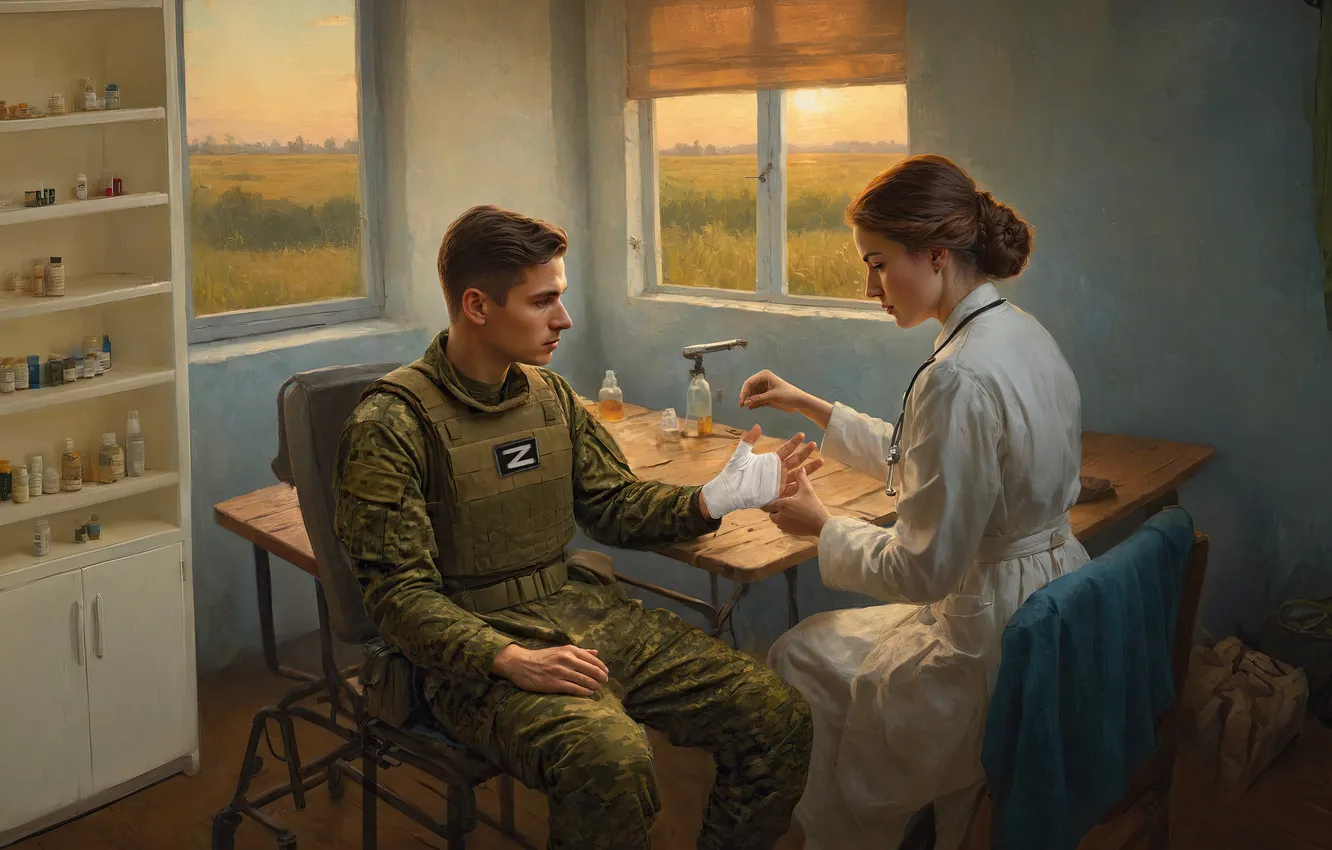 Photo wallpaper girl, war, art, soldiers, guy, Russia, two, Ukraine