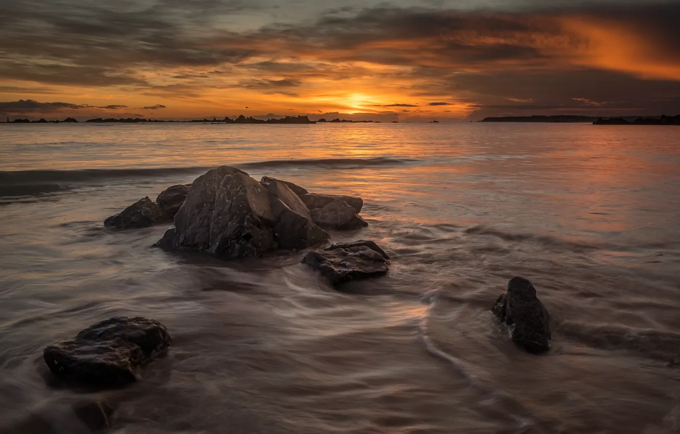 Photo wallpaper sea, wave, beach, the sky, the sun, clouds, landscape, sunset