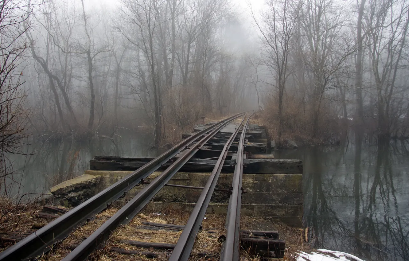 Photo wallpaper bridge, fog, river, railroad