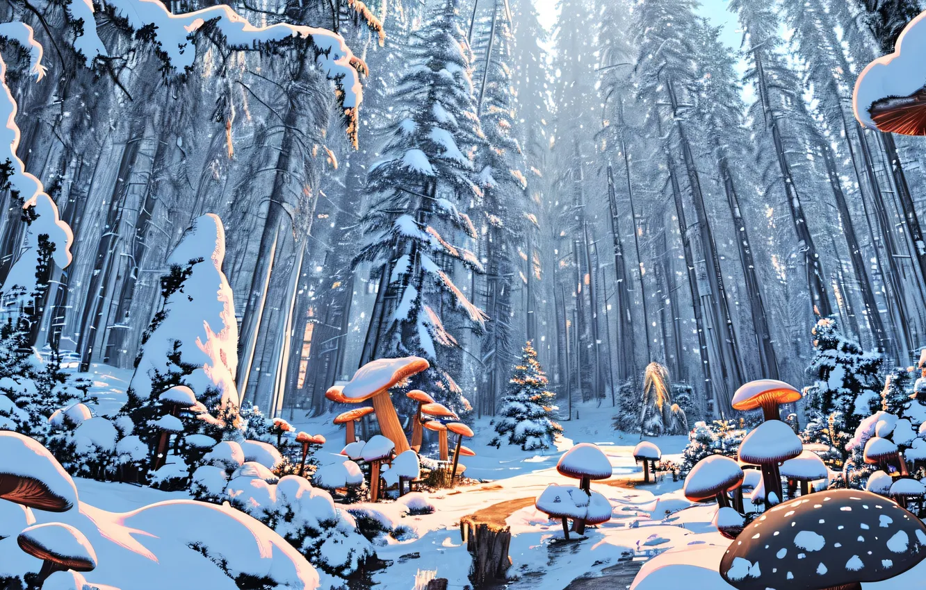 Photo wallpaper winter, forest, snow, mushrooms