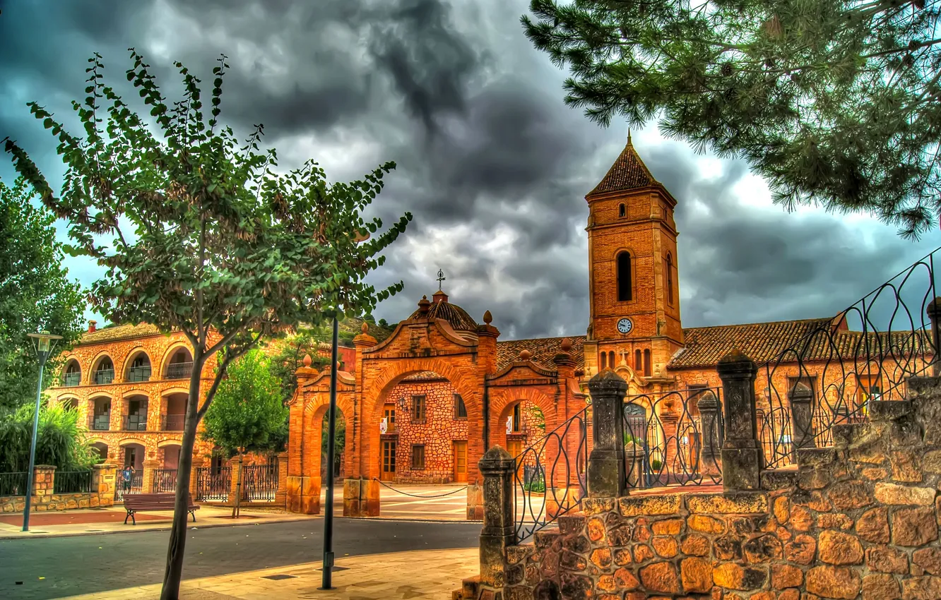 Photo wallpaper trees, area, yard, Church, arch, stage, Spain
