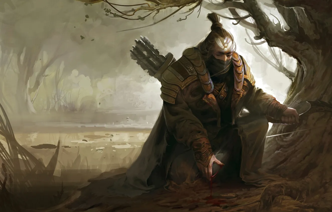 Photo wallpaper forest, blood, armor, bow, male, pond, hunter