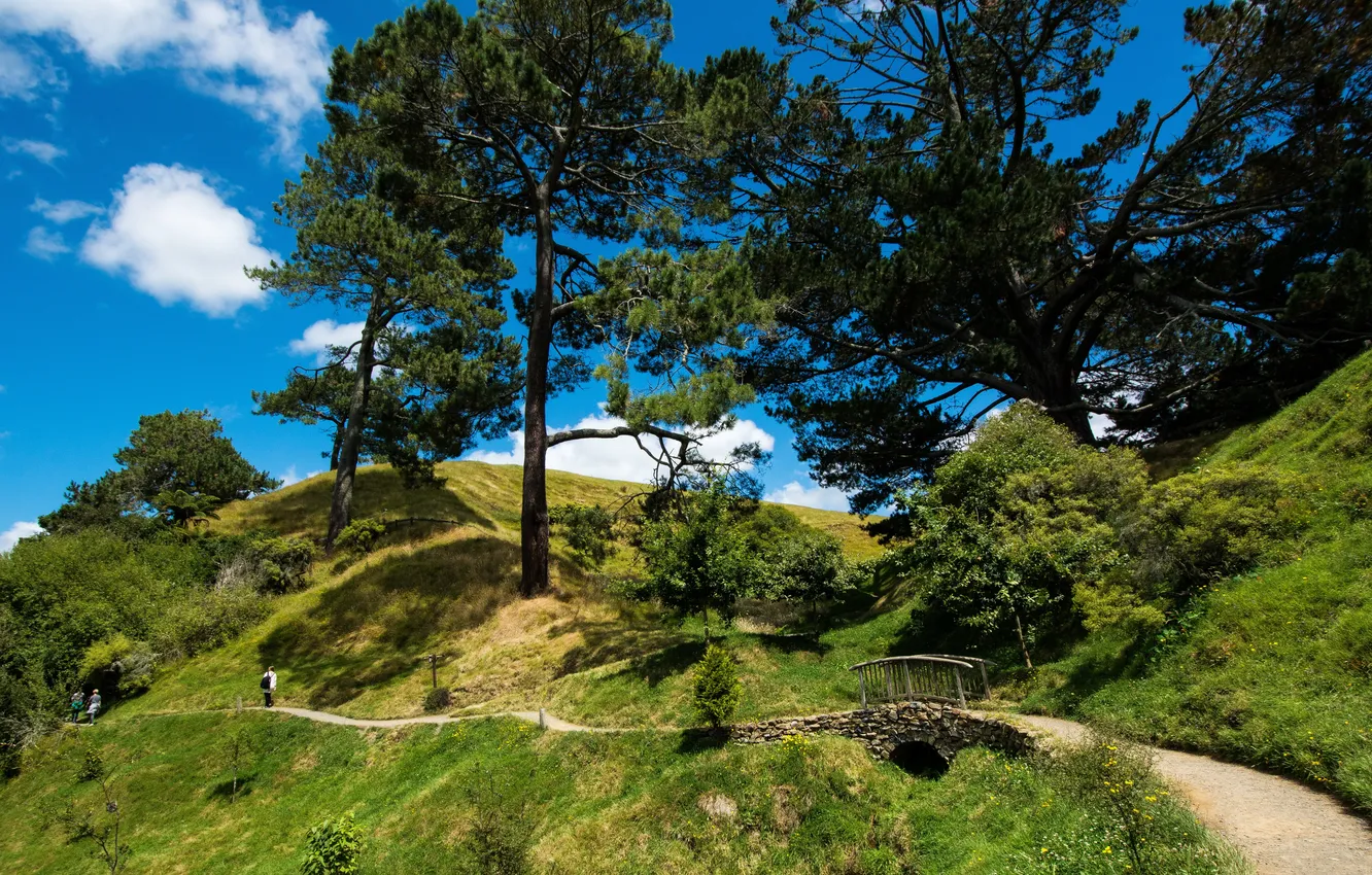 Photo wallpaper the sky, clouds, trees, bridge, hills, New Zealand, path, Hobbiton
